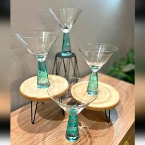 Set of Four Teal Hammered Stem Martini Glasses